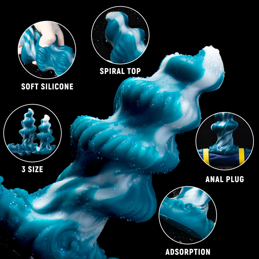 Oieffur Shark Egg Spiral Anal Plug in three sizes, featuring a sleek design with spiral detail for fantasy anal pleasure.